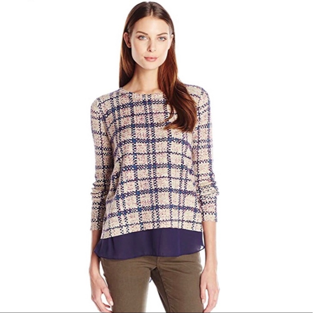 Lucky‎ Brand Plaid Mixed-Media Open Back Sweater Size Medium